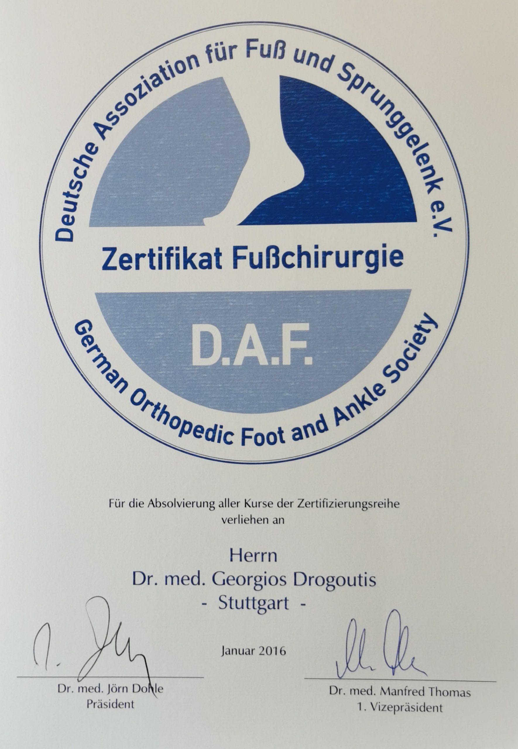 Dr. Drogoutis Zertifikat Fußchirurgie